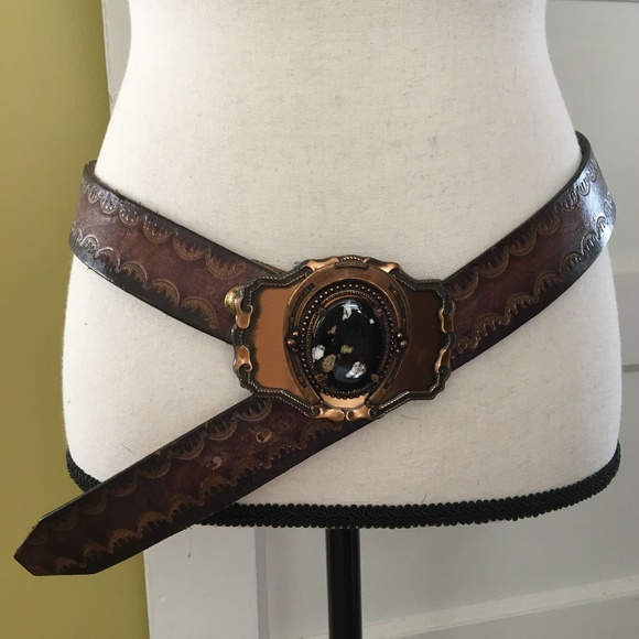 Vintage Other - Vintage Tooled Leather Belt with Gemstone Buckle